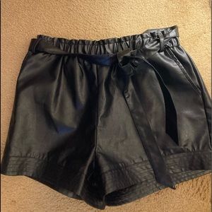 SHEIN Paperbag Waist Belted Faux Leather Shorts